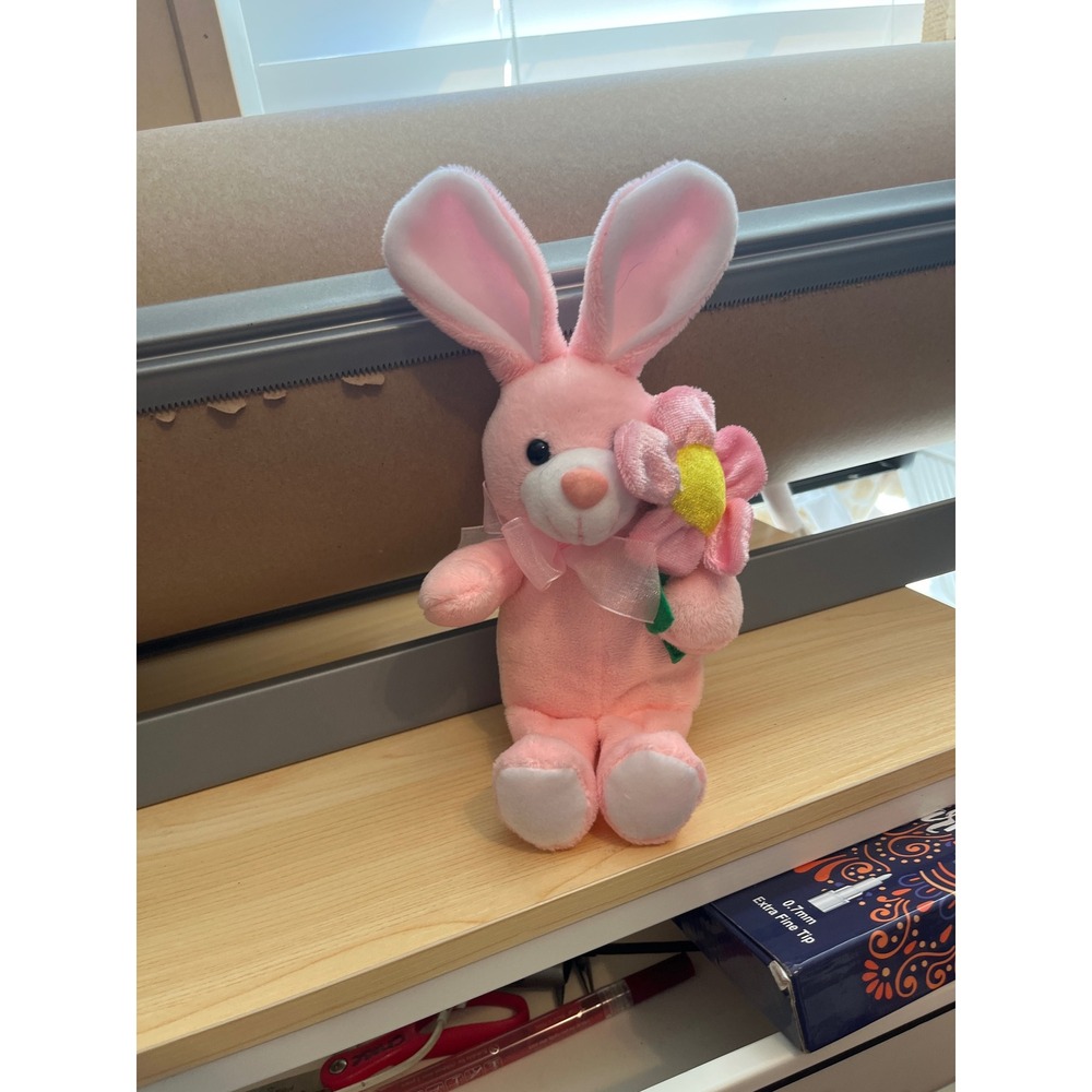 burton + BURTON Pink Plush Bunny Rabbit Holding Flower Easter Stuffed Animal 10"